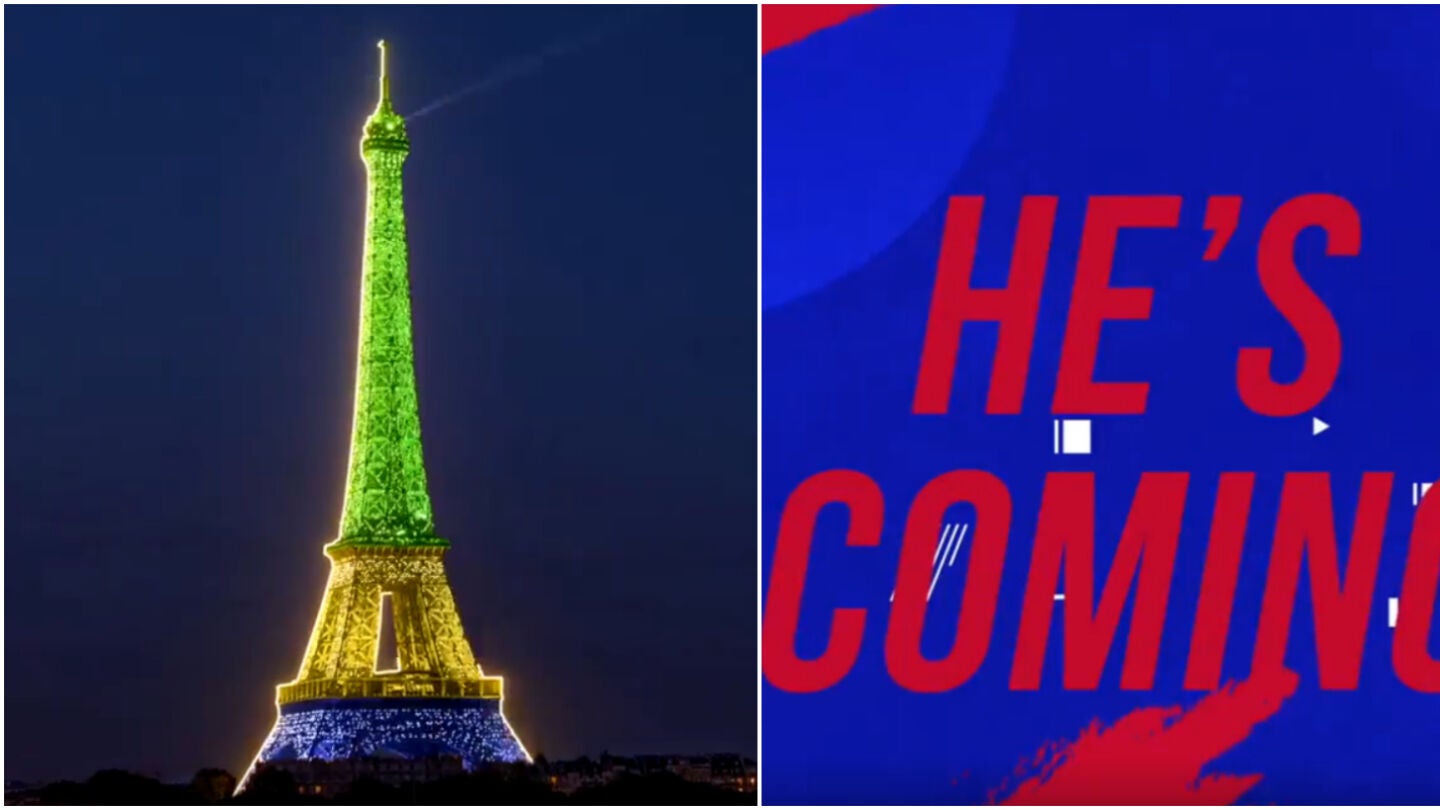 La Torre Eiffel, te&ntilde;ida con los colores de Brasil