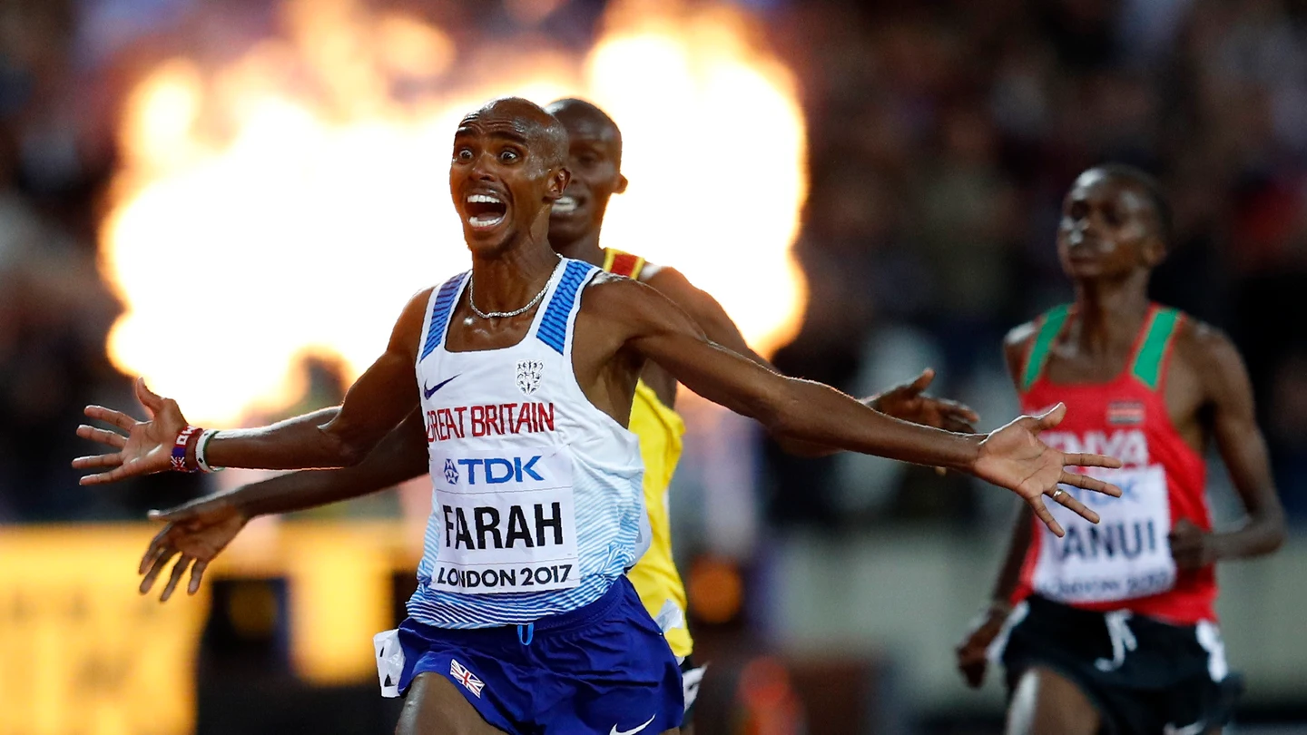 Mo Farah, en el momento de entrar a meta Mo Farah, en el momento de entrar a meta