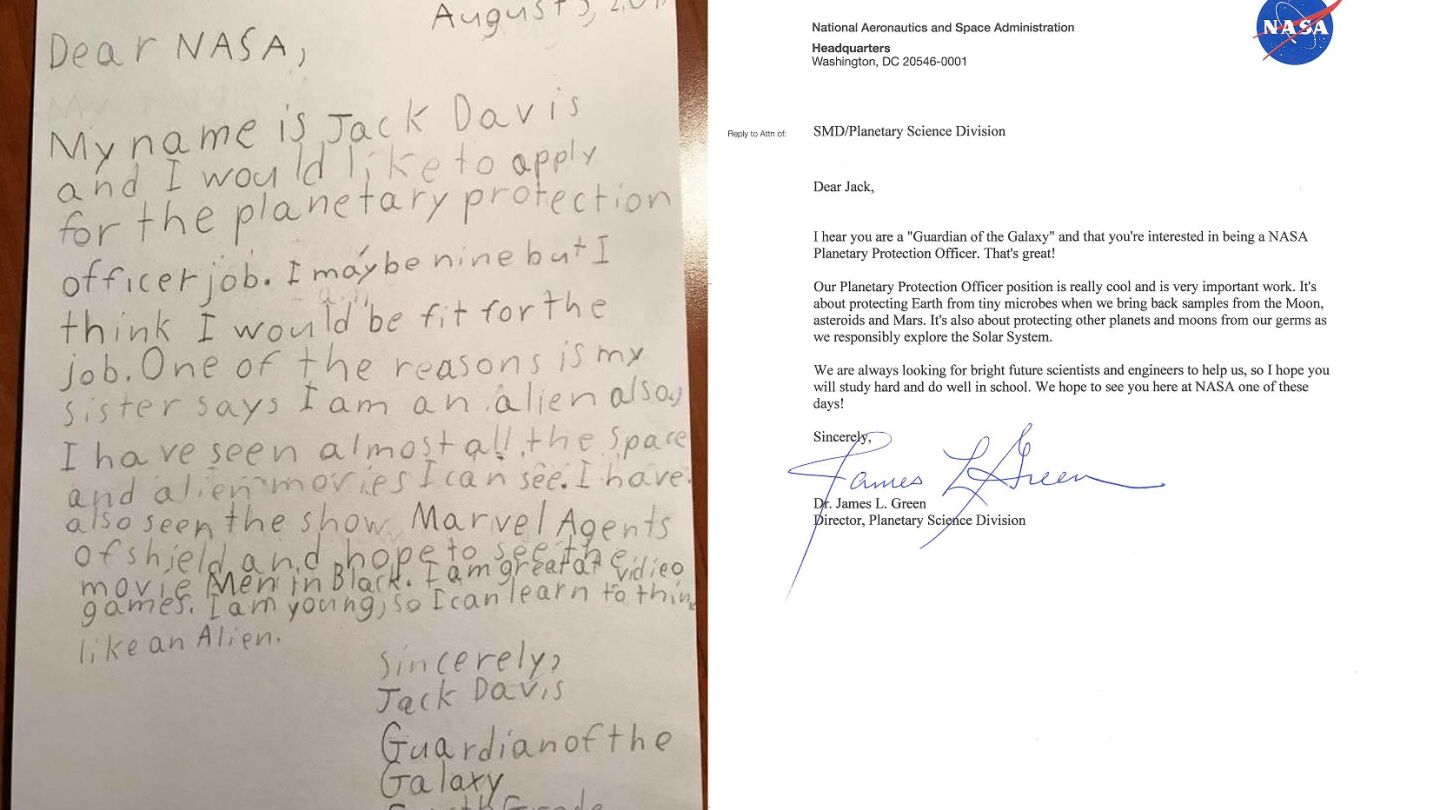 Carta del joven Jack Davis, de 9 a&ntilde;os, a la NASA