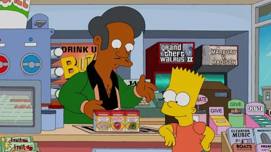 Imagen de archivo de una escena de la serie en la que aparece Apu junto a Bart Simpson Imagen de archivo de una escena de la serie en la que aparece Apu junto a Bart Simpson