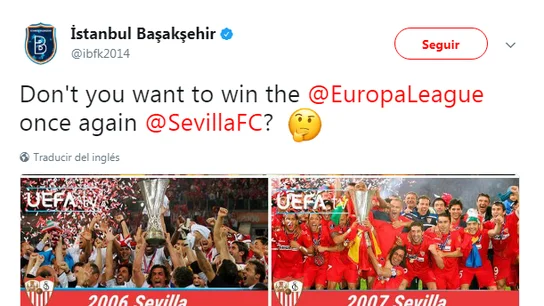 El tuit del Basaksehir mencionando al Sevilla El tuit del Basaksehir mencionando al Sevilla