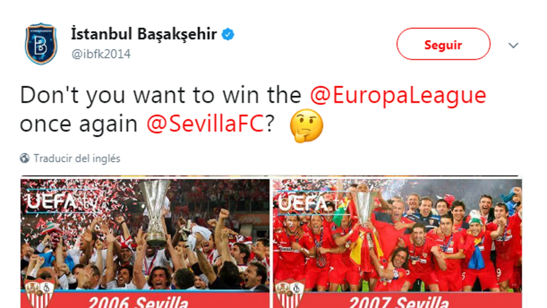 El tuit del Basaksehir mencionando al Sevilla