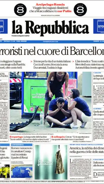 La portada de 'La Repubblica' tras el atentado de Barcelona La portada de 'La Repubblica' tras el atentado de Barcelona