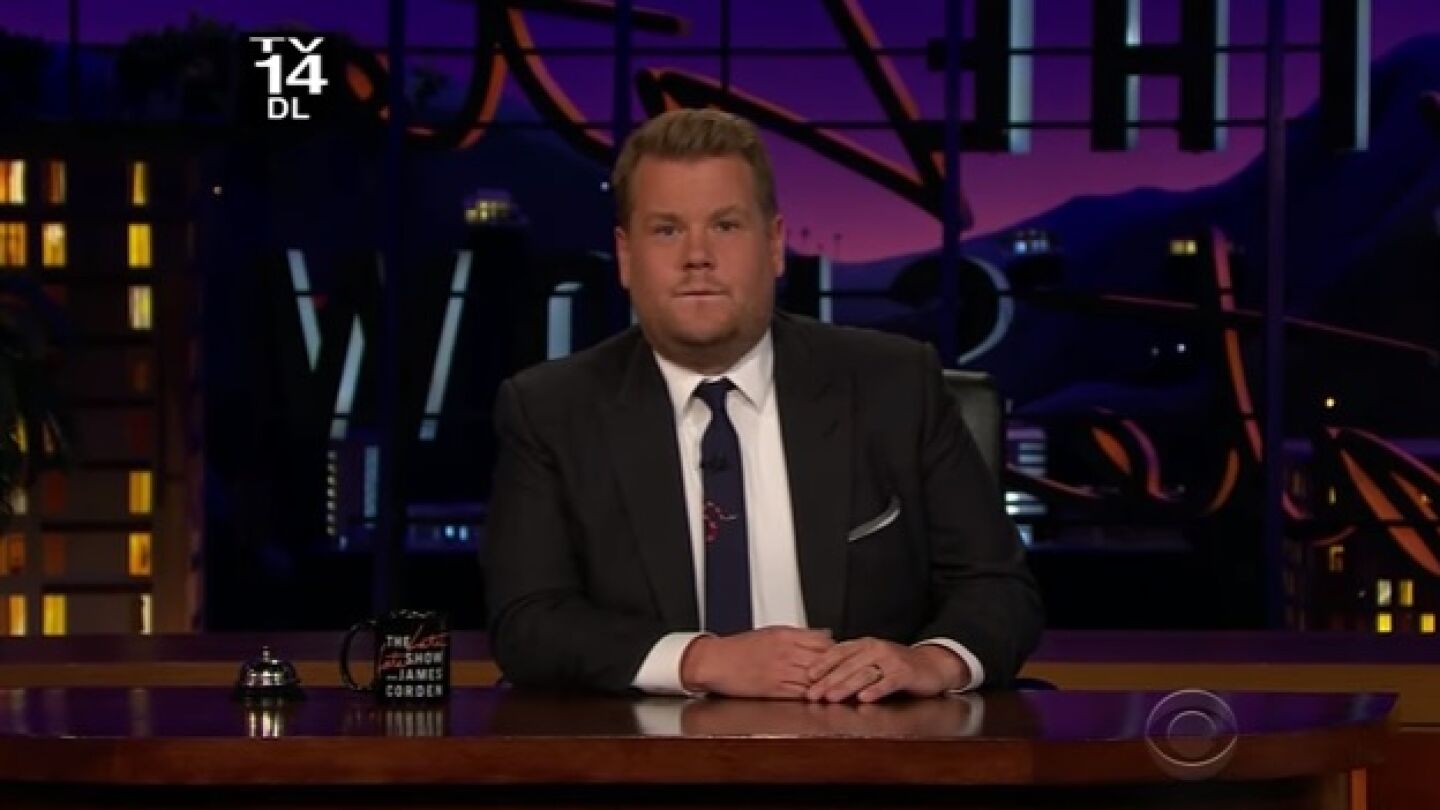 James Corden durante su afectuoso mensaje a las v&iacute;ctimas de Catalu&ntilde;a