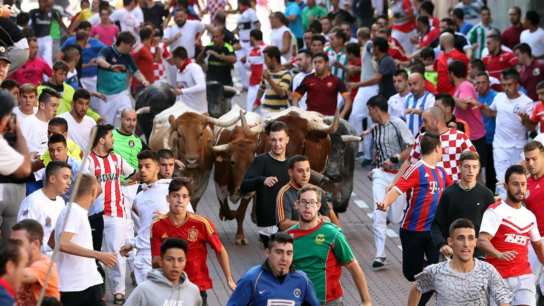 Los mozos corren delante de los toros, de la ganadería Peña de Francia, en el cuarto encierro de San Sebastián de los Reyes (Madrid) que tuvo lugar ayer.