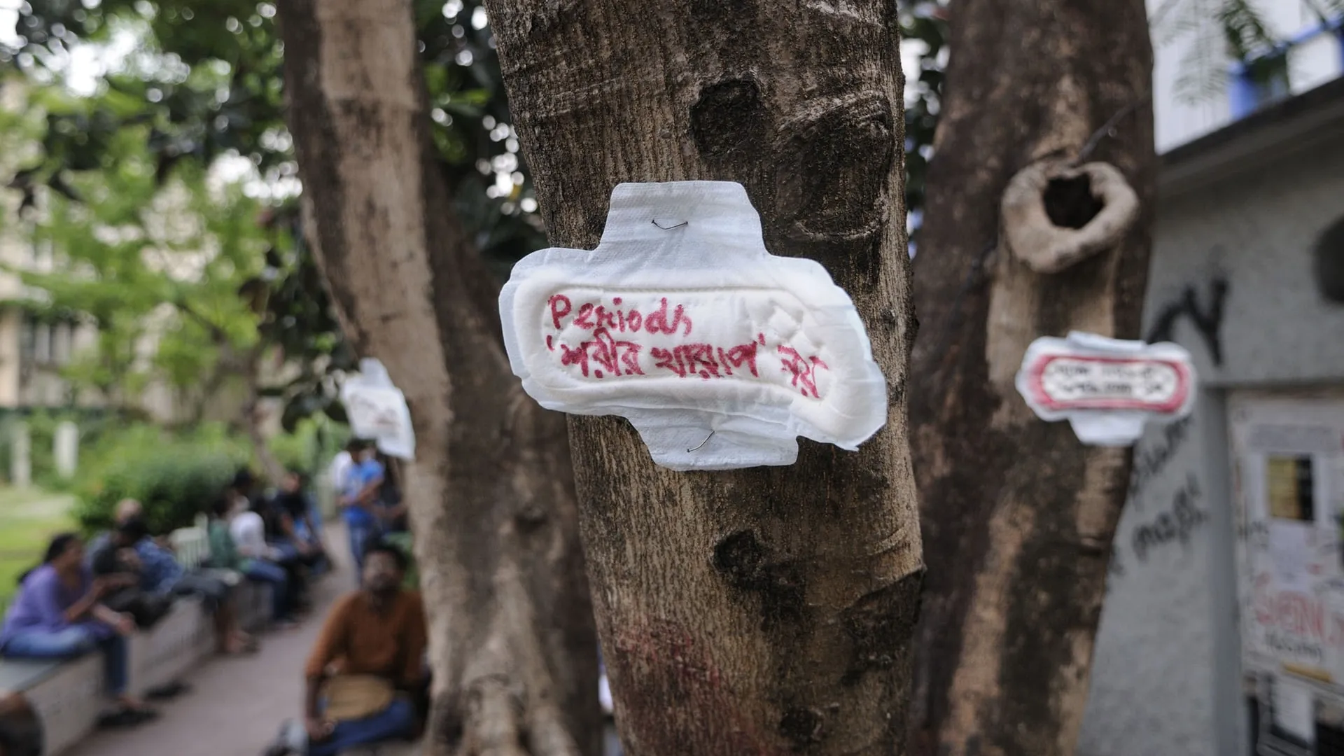 Una compresa con el mensaje "la menstruación no es una enfermedad", clavada en un árbol durante una manifestación en la India