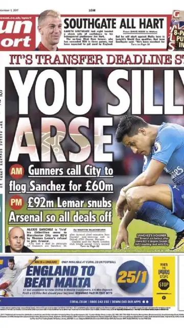 Portada de The Sun sobre el no fichaje de Alexis Portada de The Sun sobre el no fichaje de Alexis
