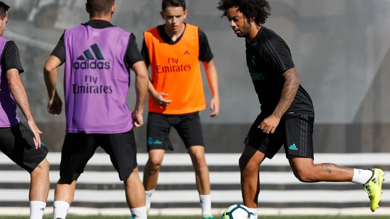 Marcelo, en un entrenamiento del Real Madrid