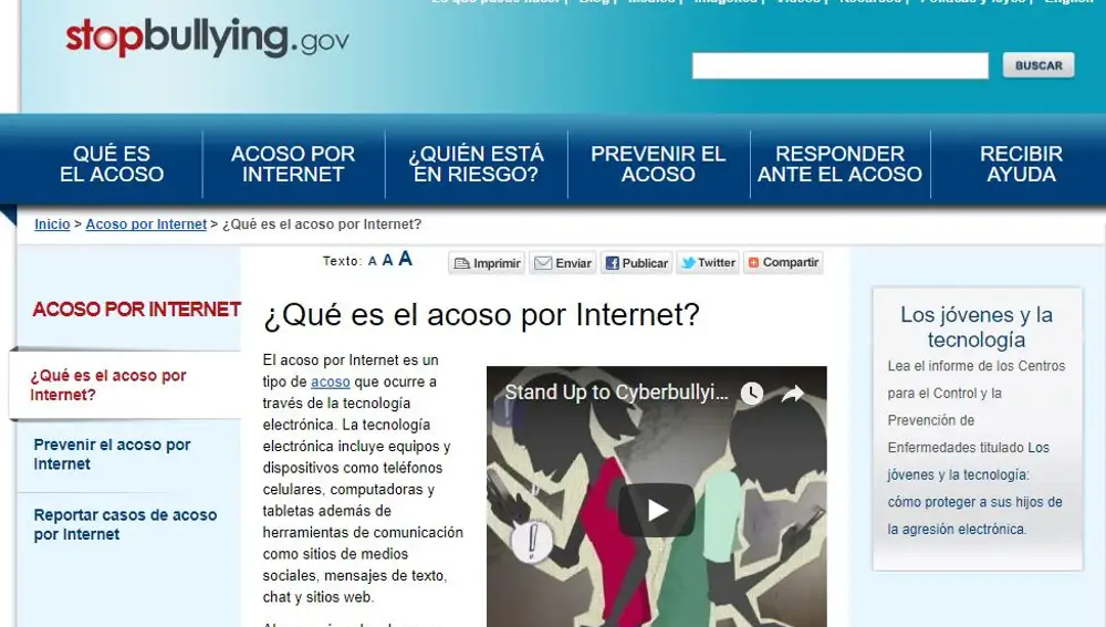 Captura de la web www.stopbullying.gov https://espanol.stopbullying.gov/acoso-por-internet/qu%C3%A9-es/ur6/%C3%ADndice.html