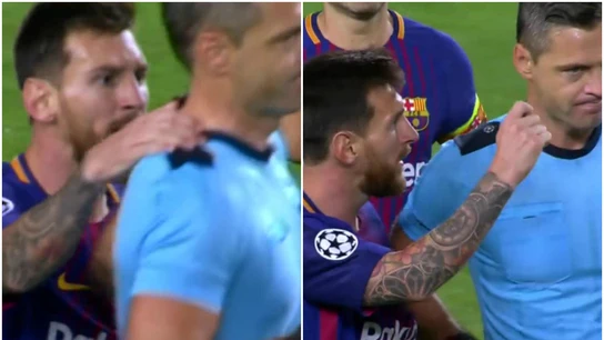 Messi, protestando ante Skomina Messi, protestando ante Skomina