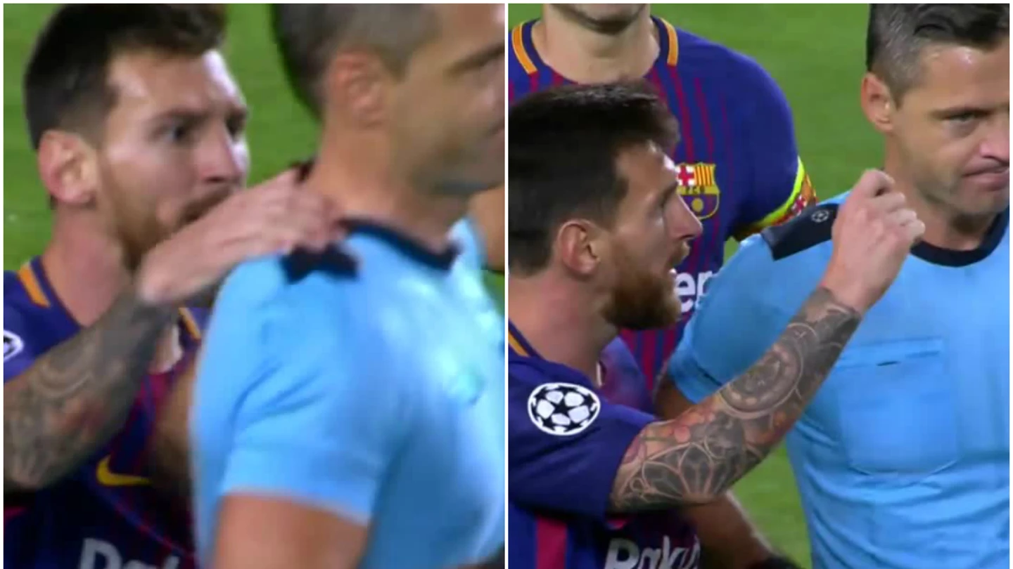 Messi, protestando ante Skomina Messi, protestando ante Skomina