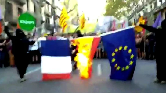 Queman en Barcelona banderas de Francia, España y la UE Queman en Barcelona banderas de Francia, España y la UE