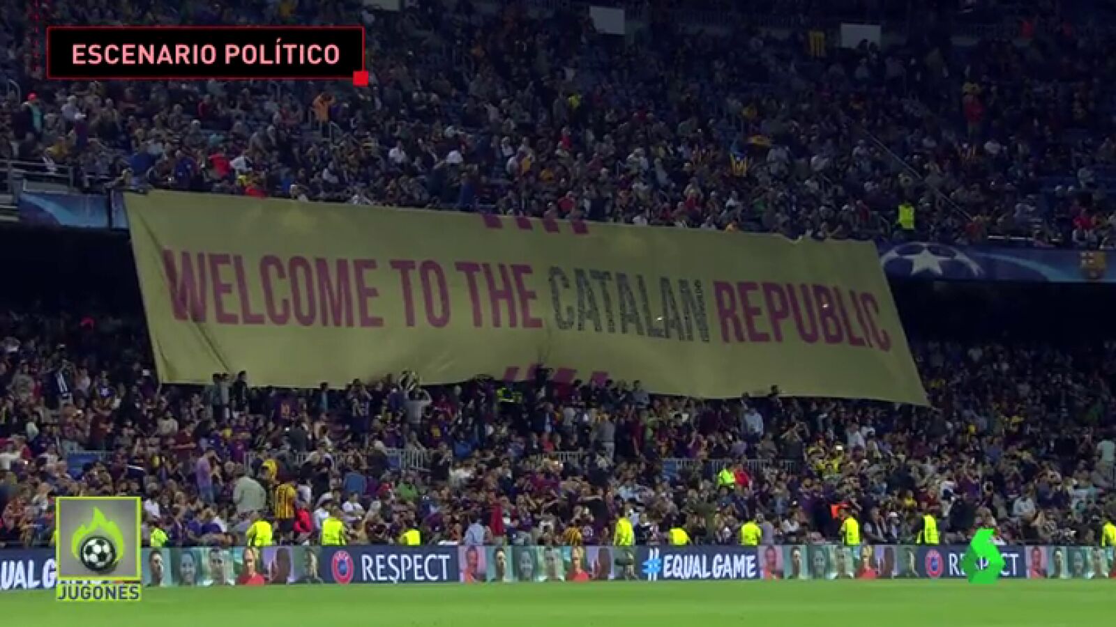 El Camp Nou, escenario pol&iacute;tico en el Bar&ccedil;a-Juve: pancartas, gritos de Independencia, pitos al himno...