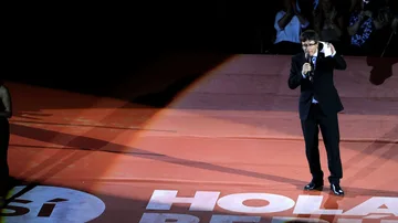 El presidente de la Generalitat, Carles Puigdemont, durante su intervención en el Tarraco Arena 