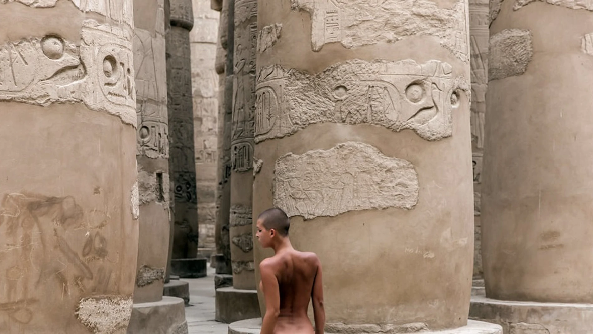 La modelo Marisa Papen posa junto a las columnas del templo de Karnak
