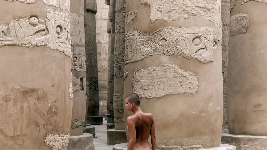 La modelo Marisa Papen posa junto a las columnas del templo de Karnak