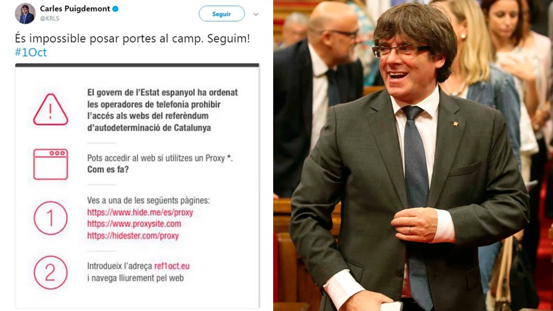 Tuit del President de la Generalitat el que explica cómo burlar el bloqueo a las web del referéndum
