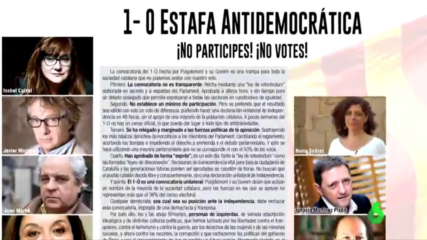 Un millar de intelectuales y artistas "de izquierdas" firman un manifiesto contra el 1-O: "Es una trampa antidemocr&aacute;tica"
