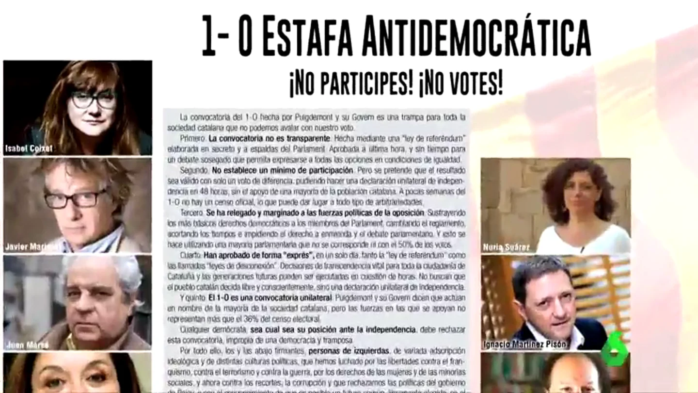 Un millar de intelectuales y artistas "de izquierdas" firman un manifiesto contra el 1-O: "Es una trampa antidemocrática" Un millar de intelectuales y artistas "de izquierdas" firman un manifiesto contra el 1-O: "Es una trampa antidemocrática"