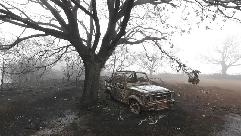 Un coche calcinado por el incendio