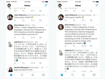 Tweets de 140 (izquierda) y 280 (derecha) caracteres en un timeline Tweets de 140 (izquierda) y 280 (derecha) caracteres en un timeline