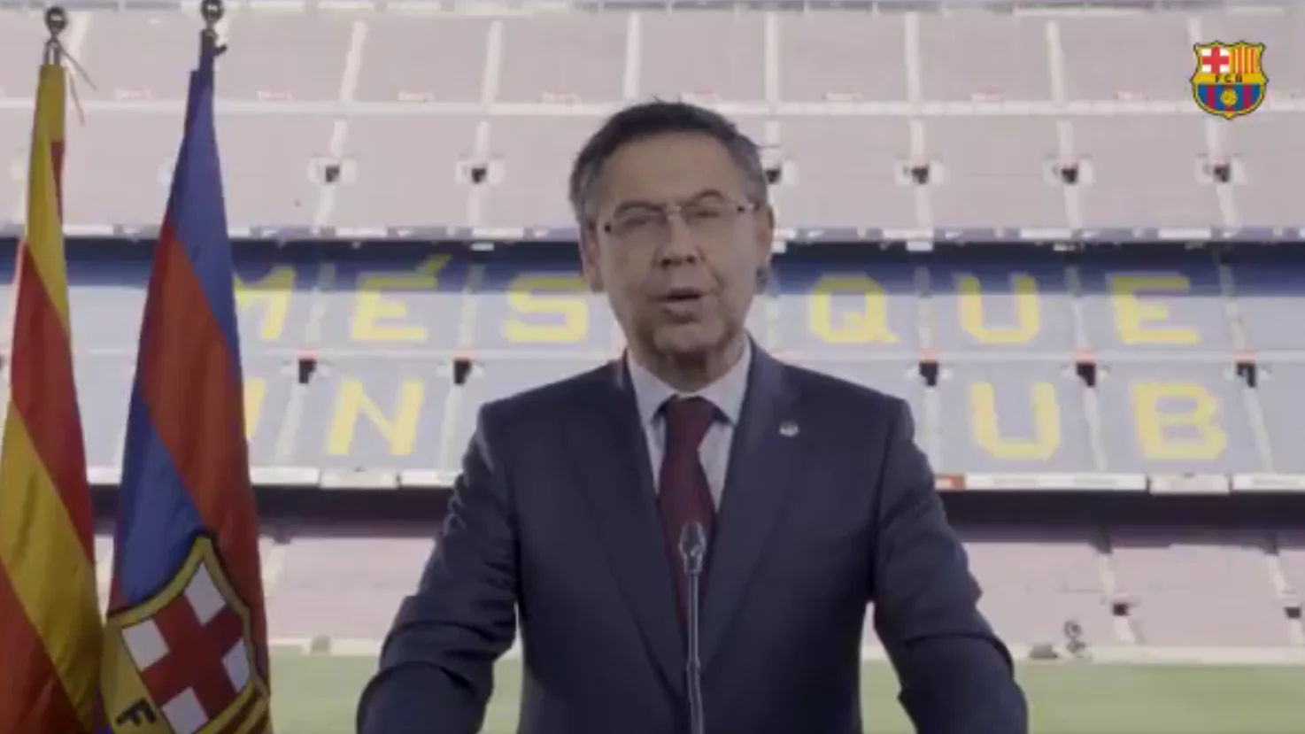 Josep María Bartomeu, durante el mensaje institucional