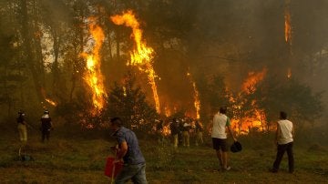 Un grupo de vecinos trabaja en el incendio en la zona de Zamanes, Vigo