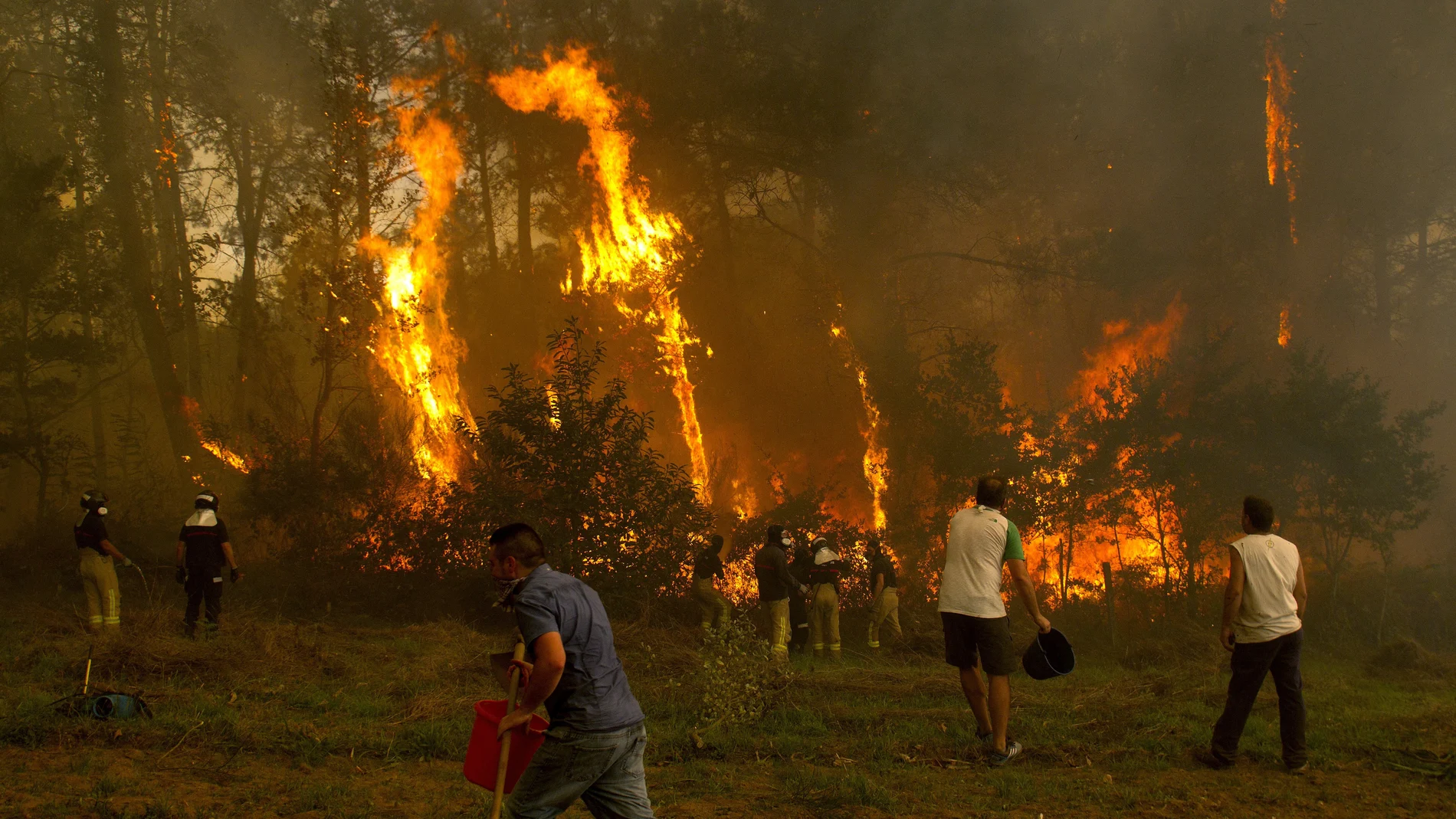 Un grupo de vecinos trabaja en el incendio en la zona de Zamanes, Vigo