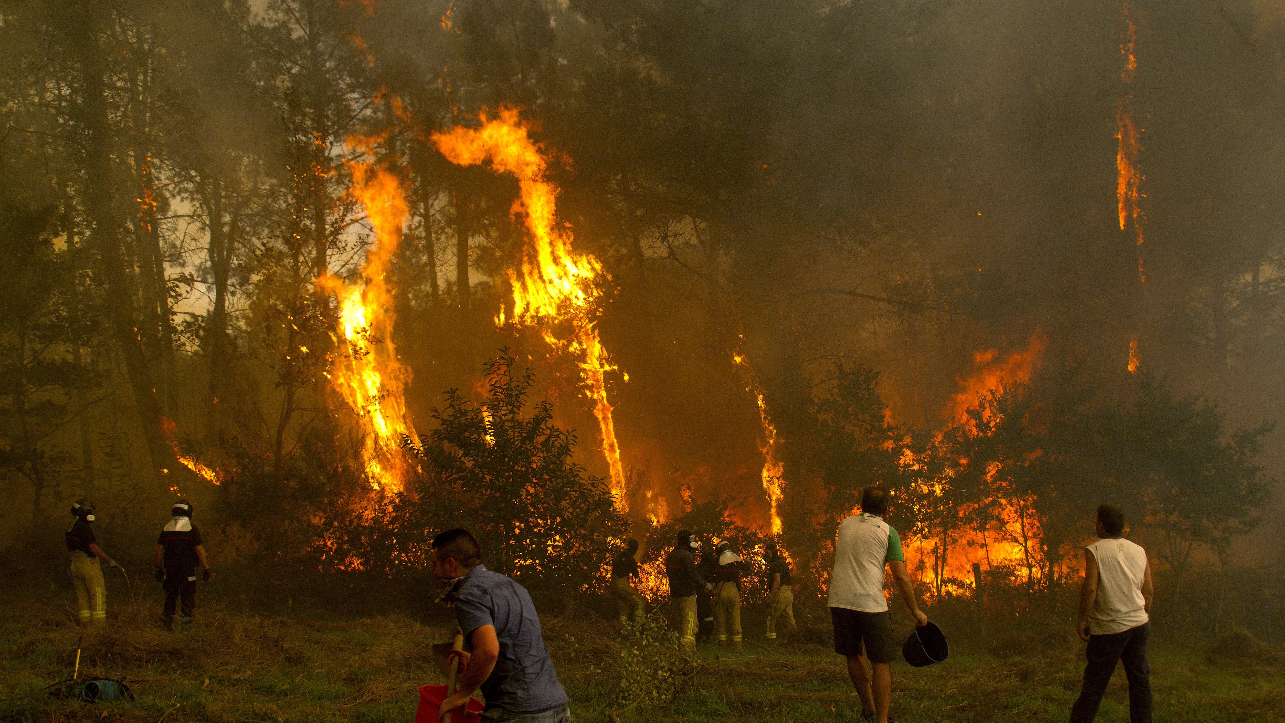 Un grupo de vecinos trabaja en el incendio en la zona de Zamanes, Vigo