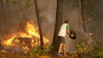 Una persona arroja agua en el incendio en la zona de Zamanes, Vigo