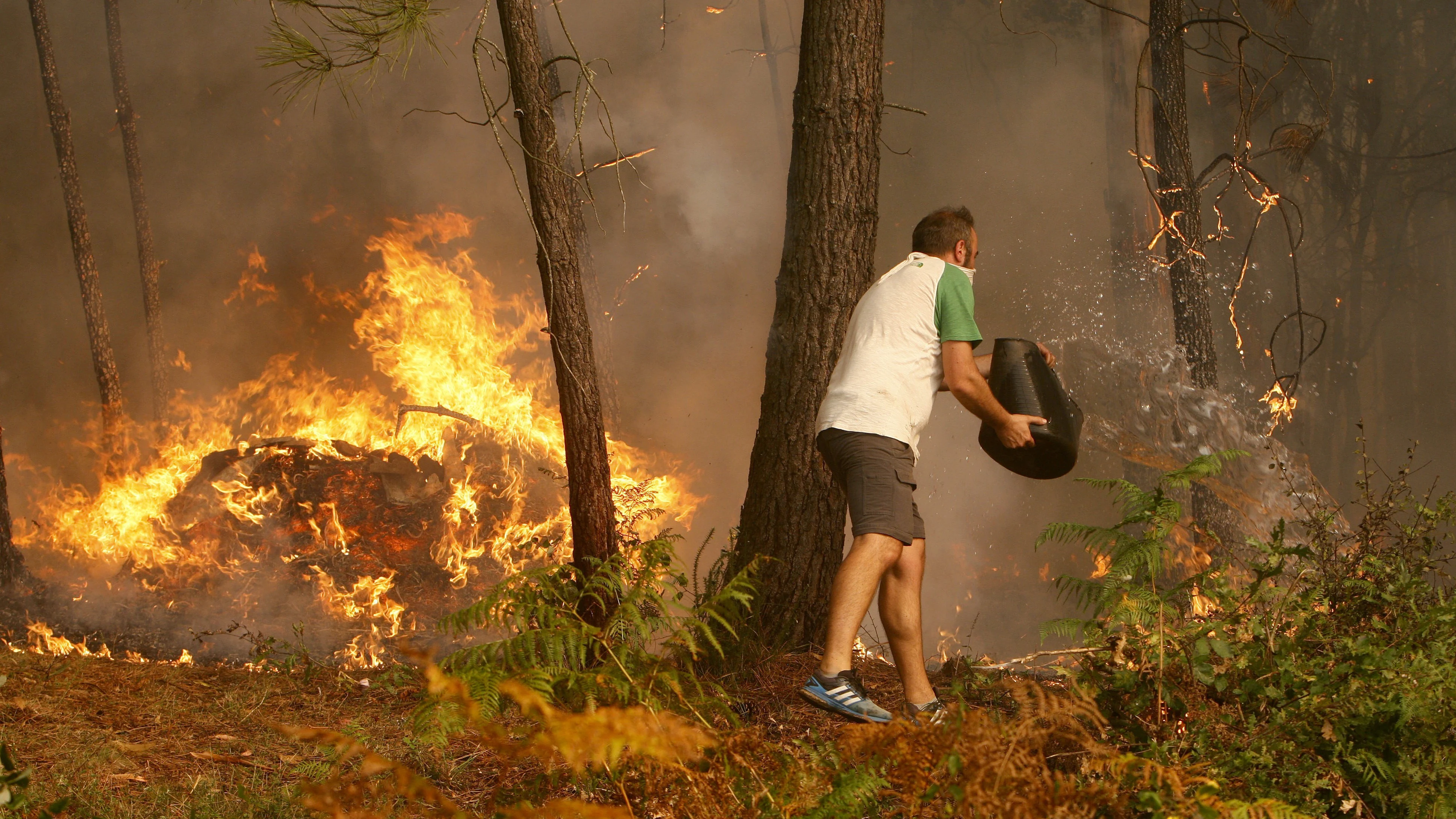 Una persona arroja agua en el incendio en la zona de Zamanes, Vigo