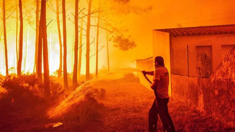 Un hombre lucha contra las llamas en un incendio forestal declarado en Adica, Tondela (Portugal)