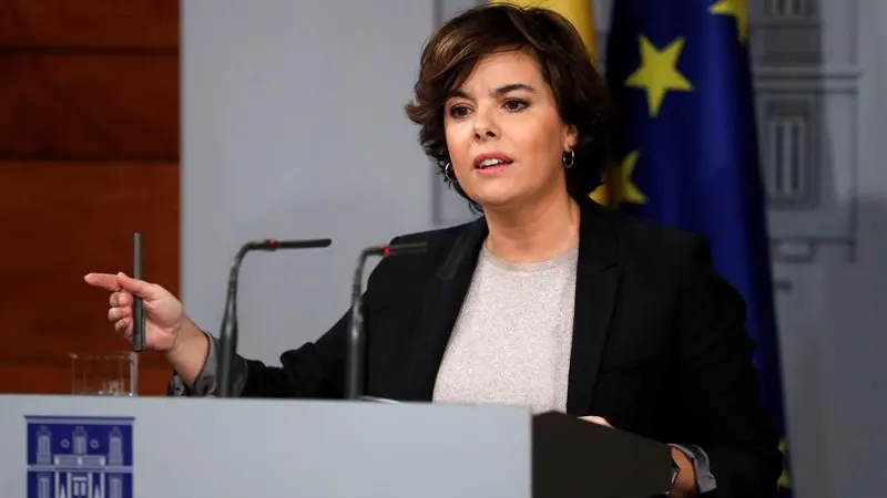  La vicepresidenta del Gobierno, Soraya Sáenz de Santamaría, durante su comparecencia en Moncloa 