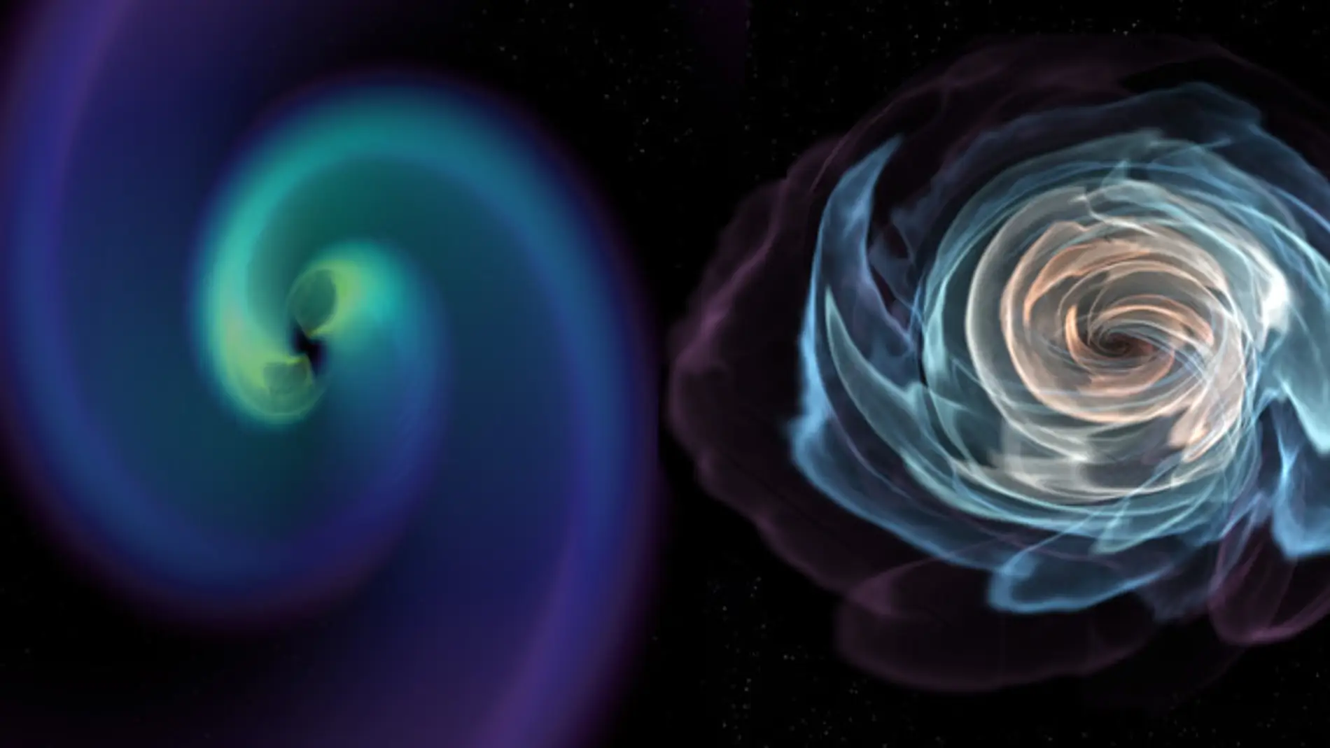 Esta imagen de una visualización animada muestra la fusión de dos estrellas de neutrones en órbita. A la derecha, una visualización de la materia de las estrellas de neutrones. A la izquierda se muestra cómo se distorsiona el espacio-tiempo cerca de las colisiones