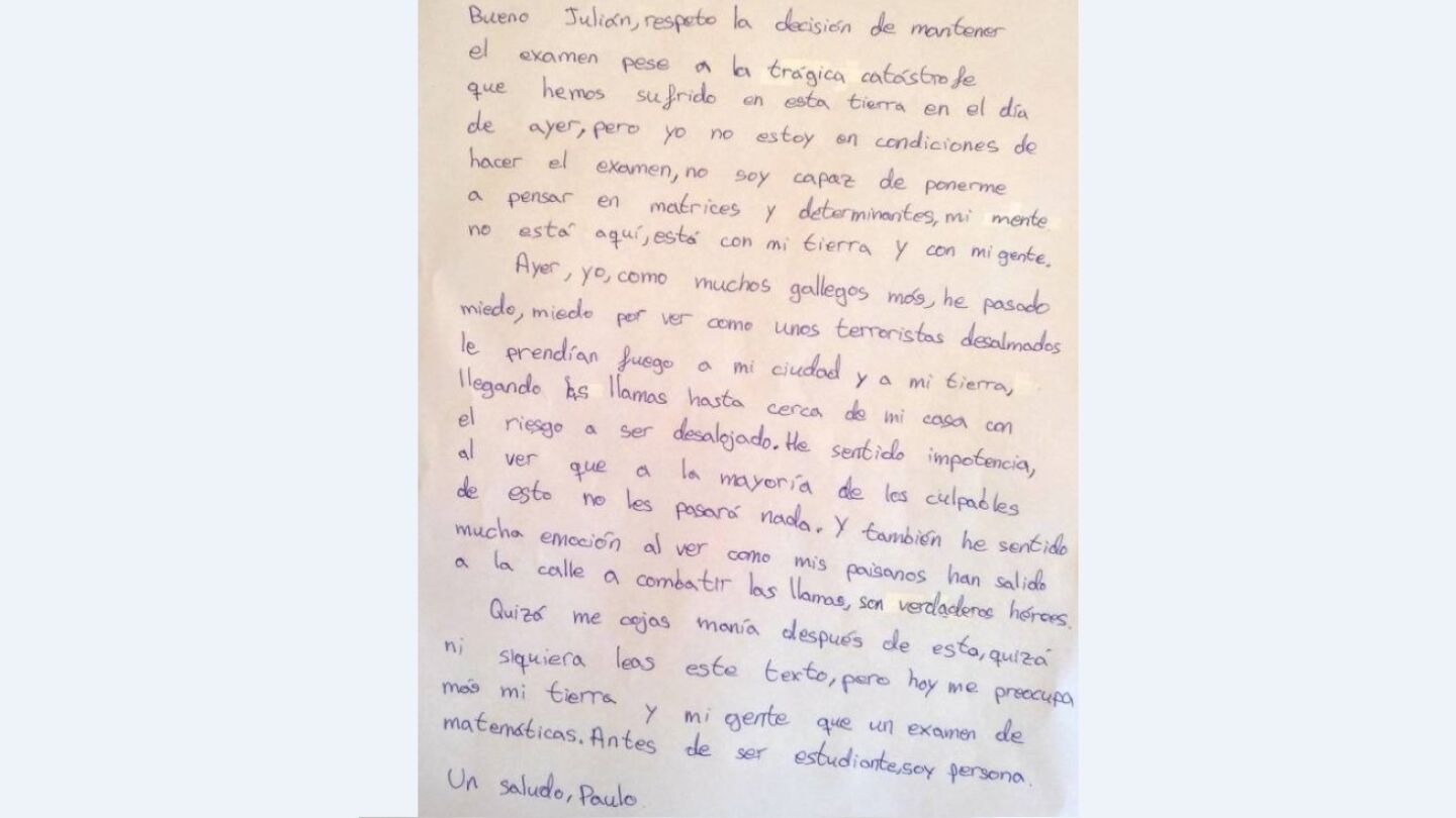 Carta de un alumno a su profesor tras los incendios en Galicia
