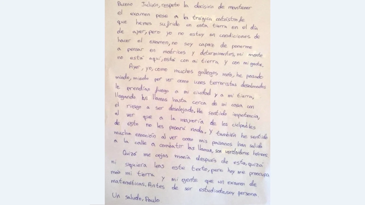 Carta de un alumno a su profesor tras los incendios en Galicia Carta de un alumno a su profesor tras los incendios en Galicia