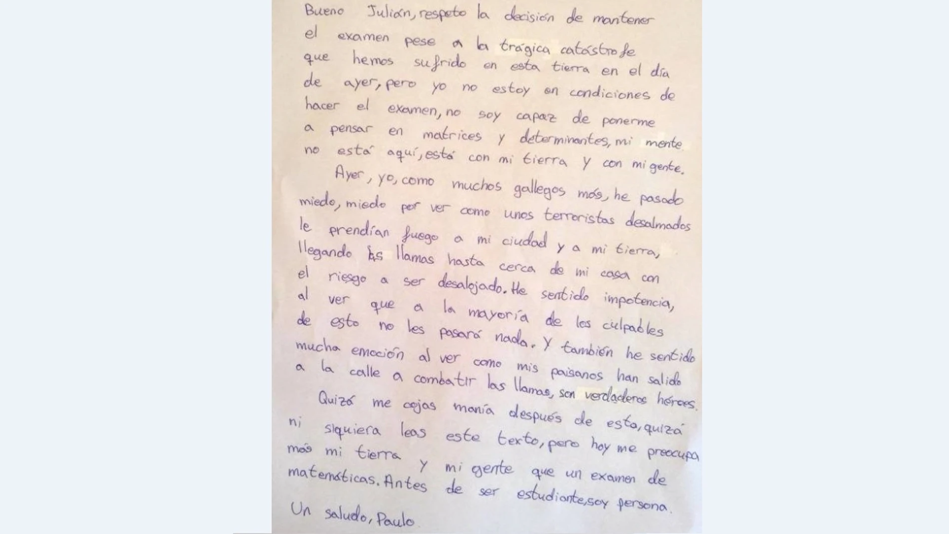 Carta de un alumno a su profesor tras los incendios en Galicia