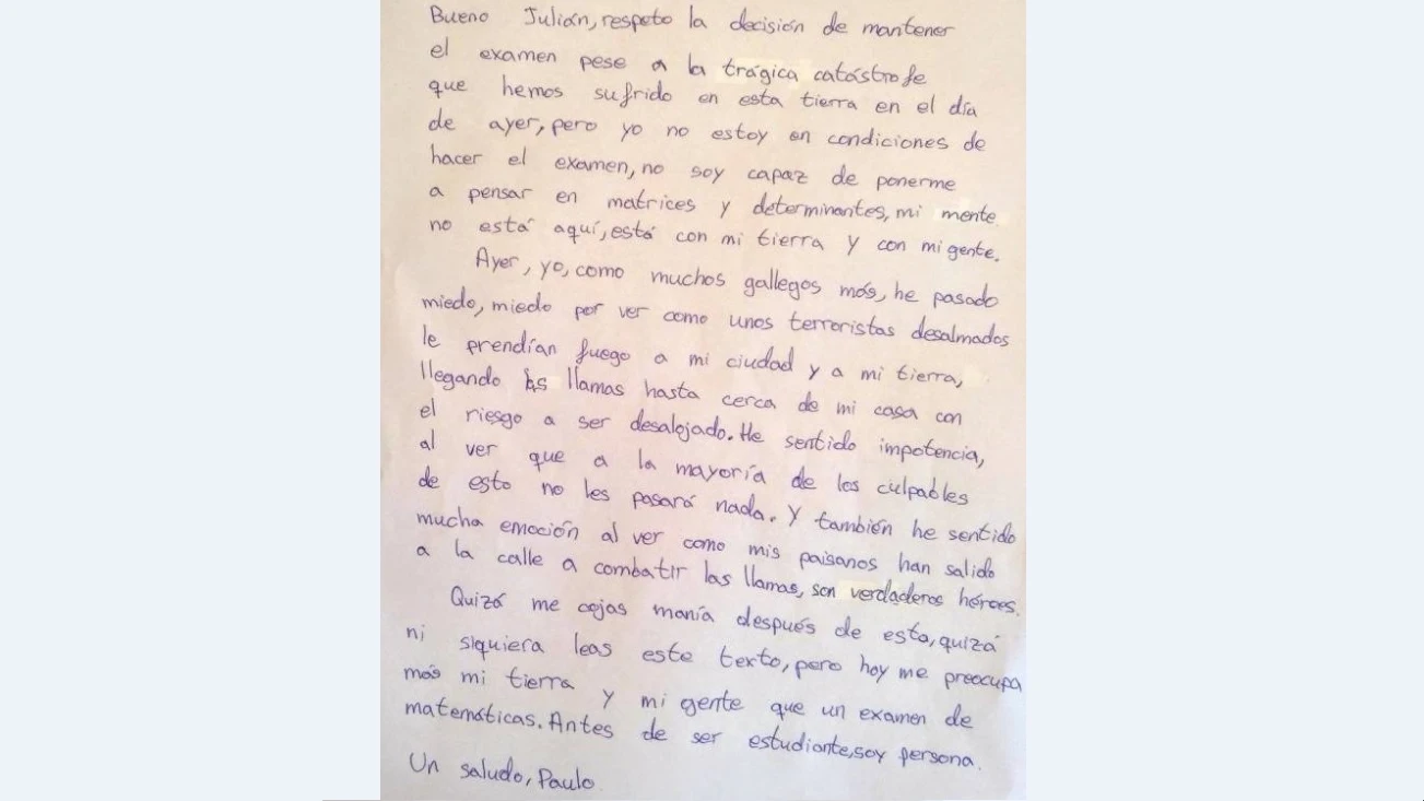 Carta de un alumno a su profesor tras los incendios en Galicia