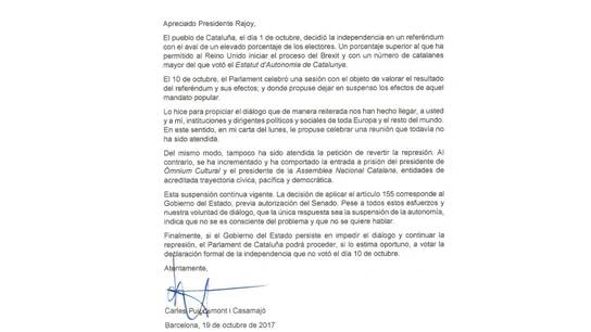 Carta enviada por Rajoy a Puigdemont Carta enviada por Rajoy a Puigdemont