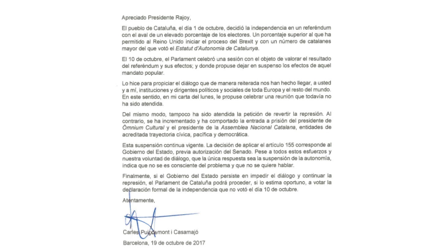Carta enviada por Rajoy a Puigdemont
