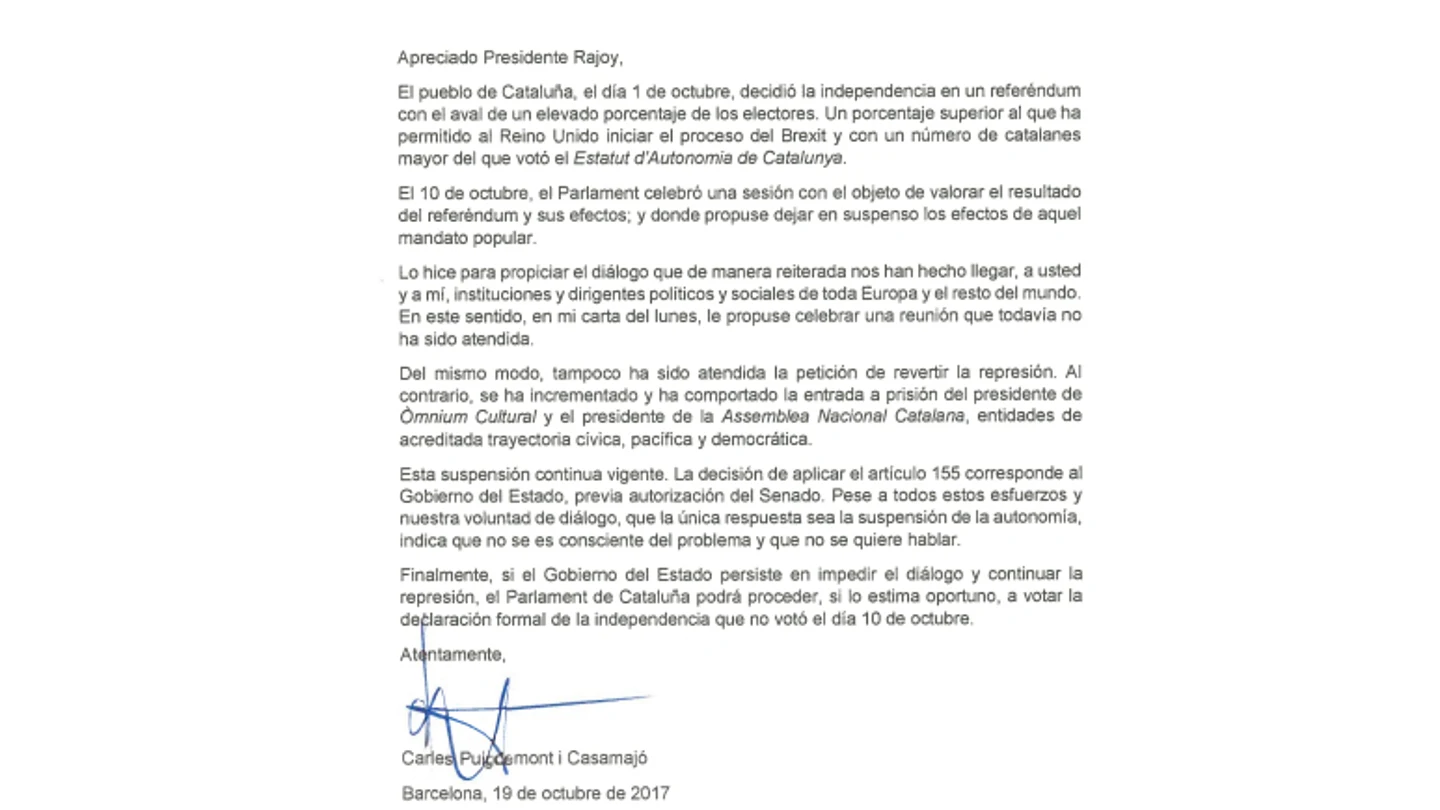 Carta enviada por Rajoy a Puigdemont Carta enviada por Rajoy a Puigdemont