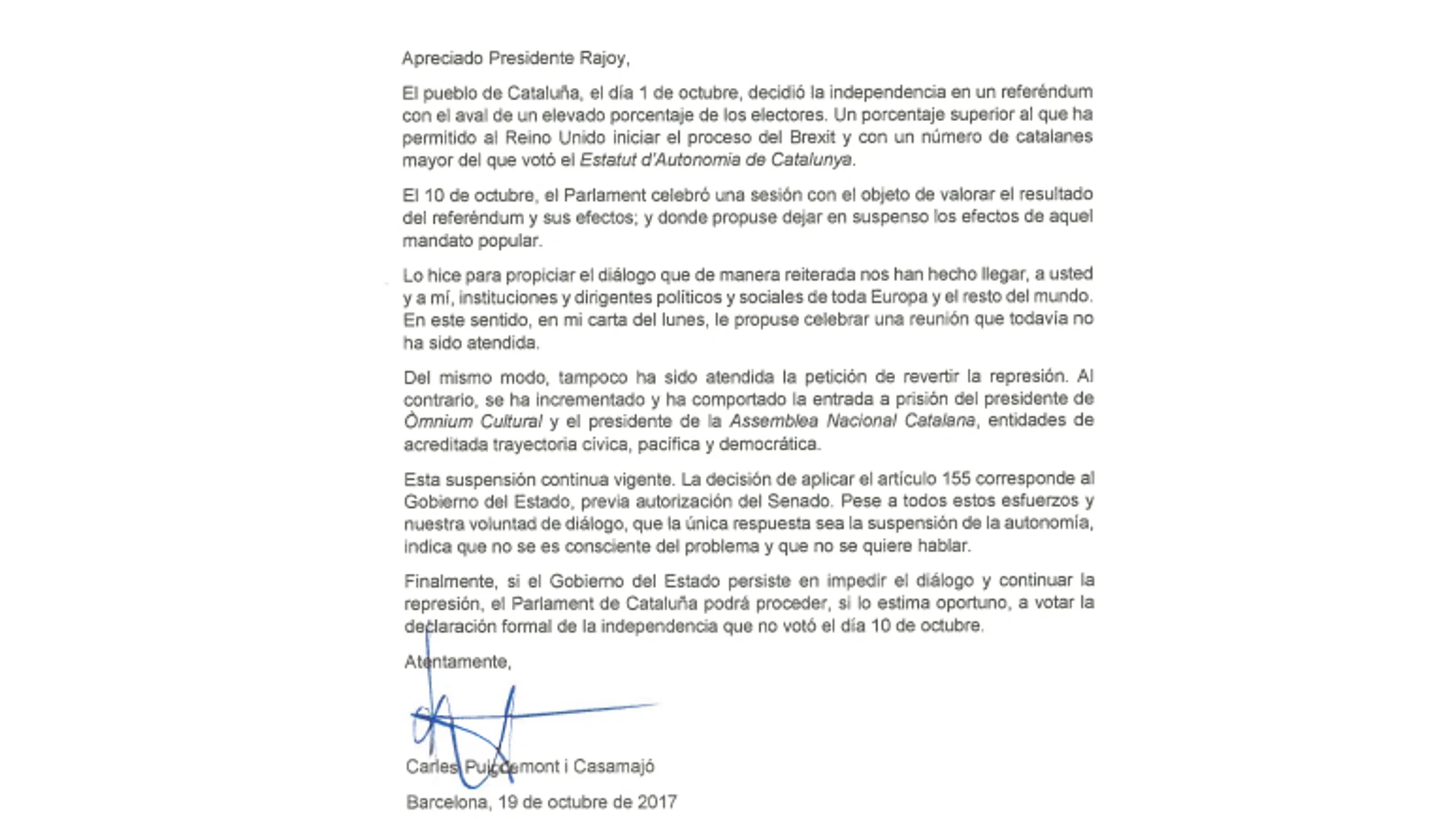 Carta enviada por Rajoy a Puigdemont