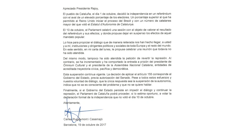 Carta enviada por Rajoy a Puigdemont