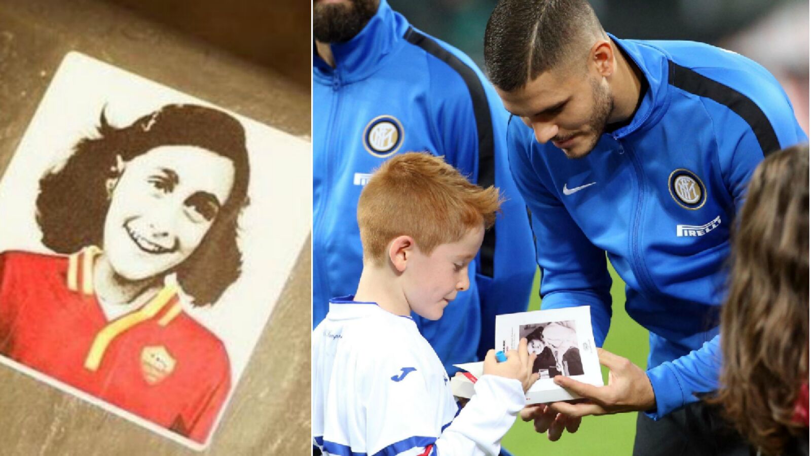Pegatina de Ana Frank con la camiseta de la Roma (izq) y Mauro Icardi, del Inter, con el 'Diario de Ana Frank' (der)