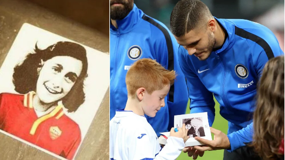 Pegatina de Ana Frank con la camiseta de la Roma (izq) y Mauro Icardi, del Inter, con el 'Diario de Ana Frank' (der)