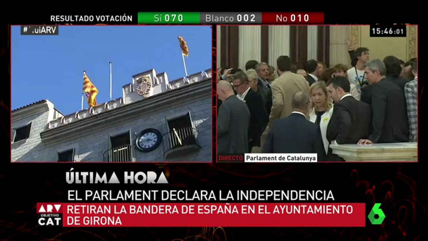 El Ayuntamiento de Girona celebra la declaración de independencia de Cataluña: retira de su edificio la bandera de España El Ayuntamiento de Girona celebra la declaración de independencia de Cataluña: retira de su edificio la bandera de España