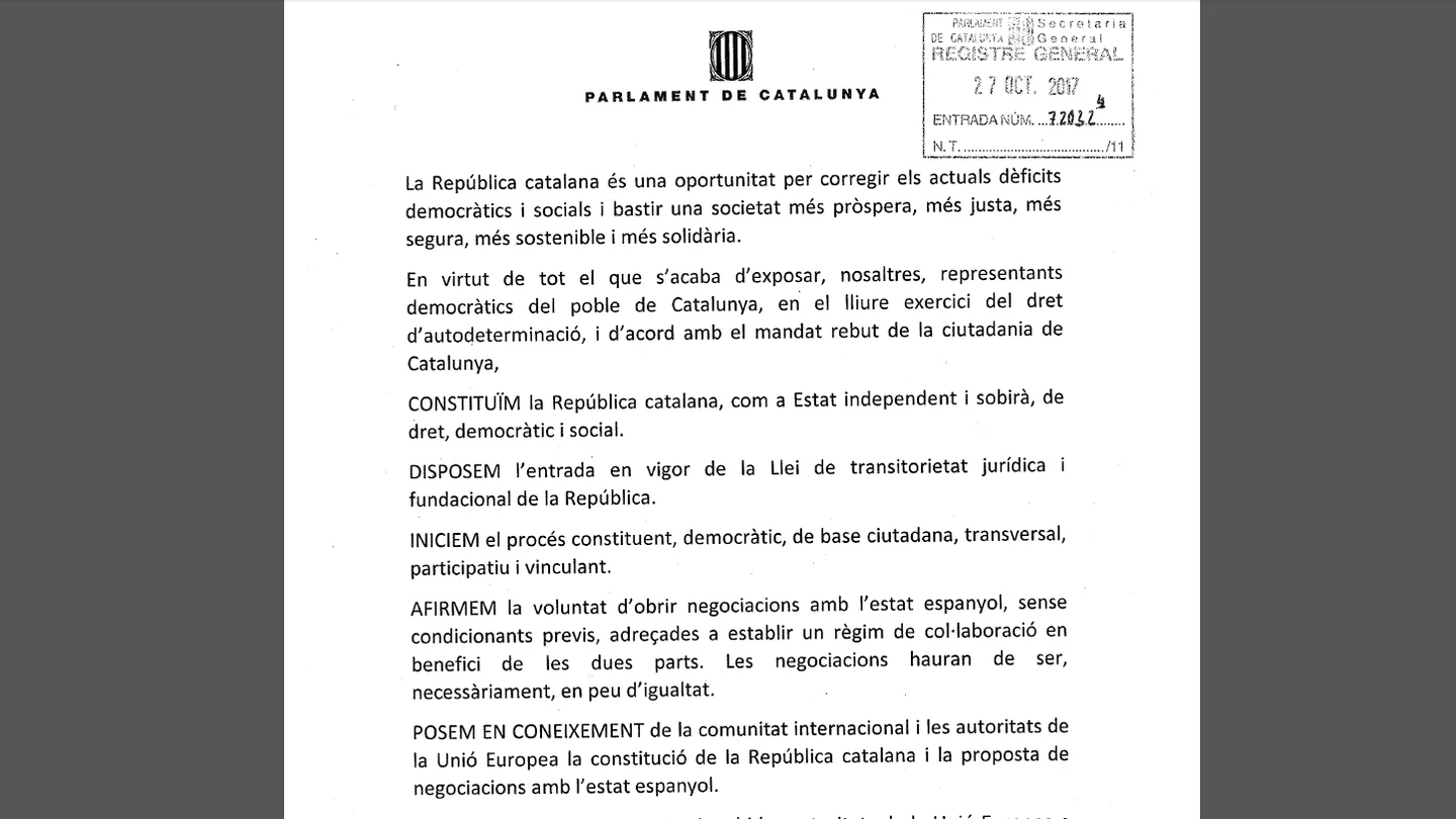 Documento de la propuesta de Junts pel Sí en el Parlament catalán Documento de la propuesta de Junts pel Sí en el Parlament catalán