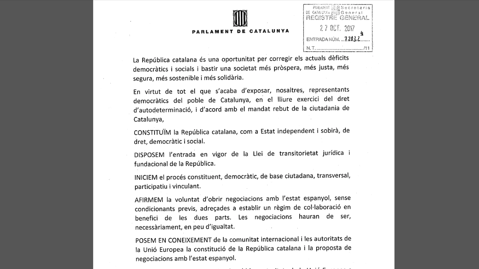 Documento de la propuesta de Junts pel Sí en el Parlament catalán