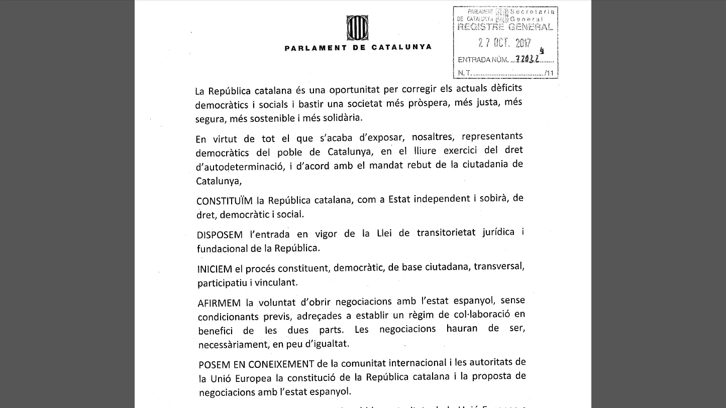 Documento de la propuesta de Junts pel Sí en el Parlament catalán