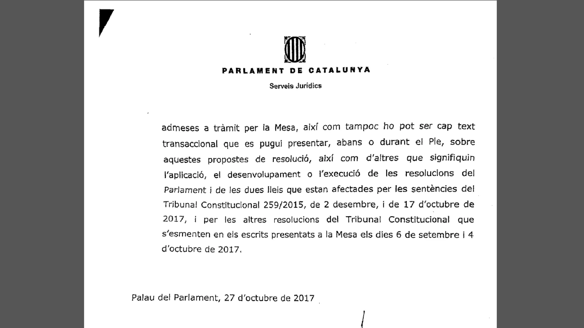 Informe de los letrados del Parlament en respuesta a la propuesta de Junts pel Sí y la CUP